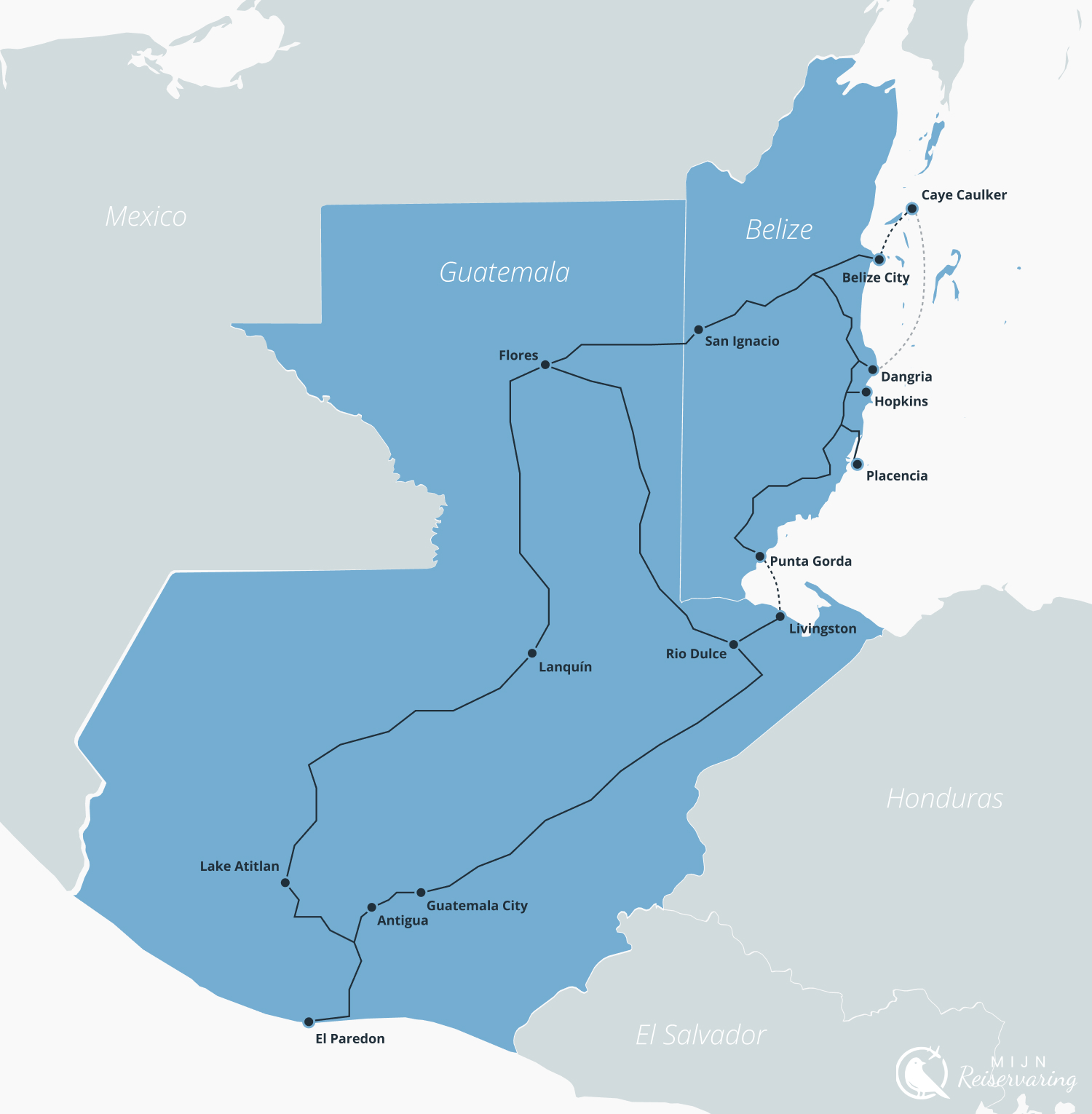 Reisroute Guatemala en Belize